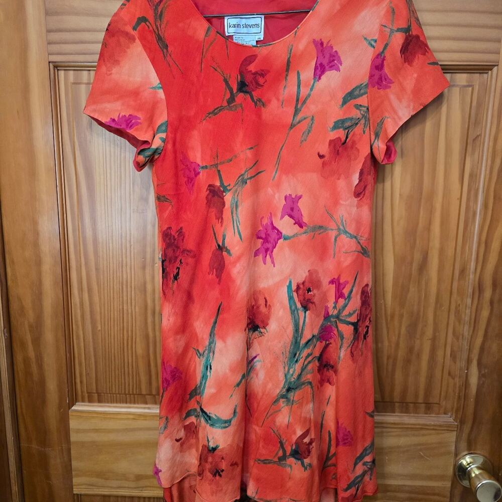 Karin Stevens orange flowy summer dress with beautiful flowers Preloved Size 14